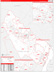 Prince WilliamCounty, VA Wall Map Zip Code Red Line Style 2024